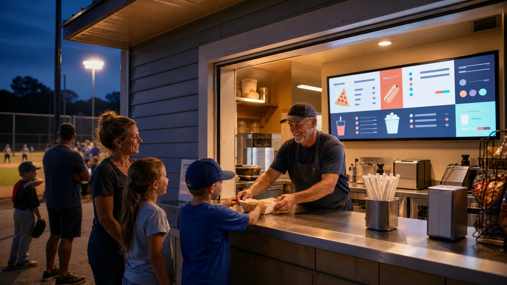 A community concession stand lit up beside the ballpark at dusk